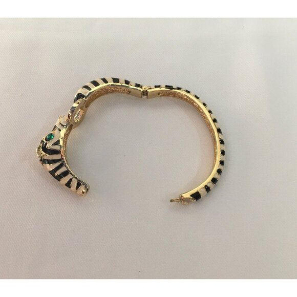 Unsigned Ciner Zebra Bracelet Hinged Clamp Clear Rhinestones Green Eyes - Picture 3 of 6